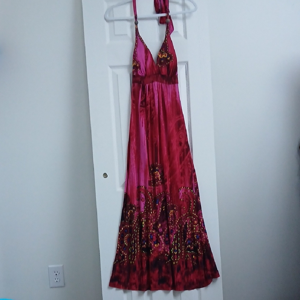 Vintage 90s What's Hot Boho Festival Gypsy Coachella Print Halter Maxi Dress